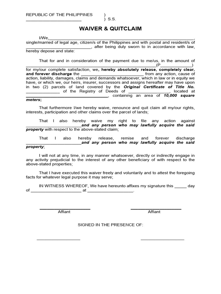 Waiver Quit Claim Parcel of Land PDF Waiver Quit Claim Parcel of Land PDF