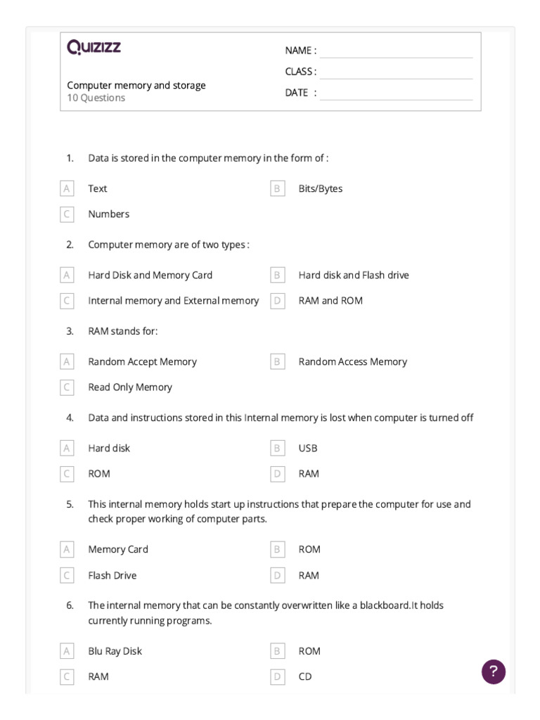 Worksheet - Computer memory | PDF | Computer Data Storage | Usb Flash Drive