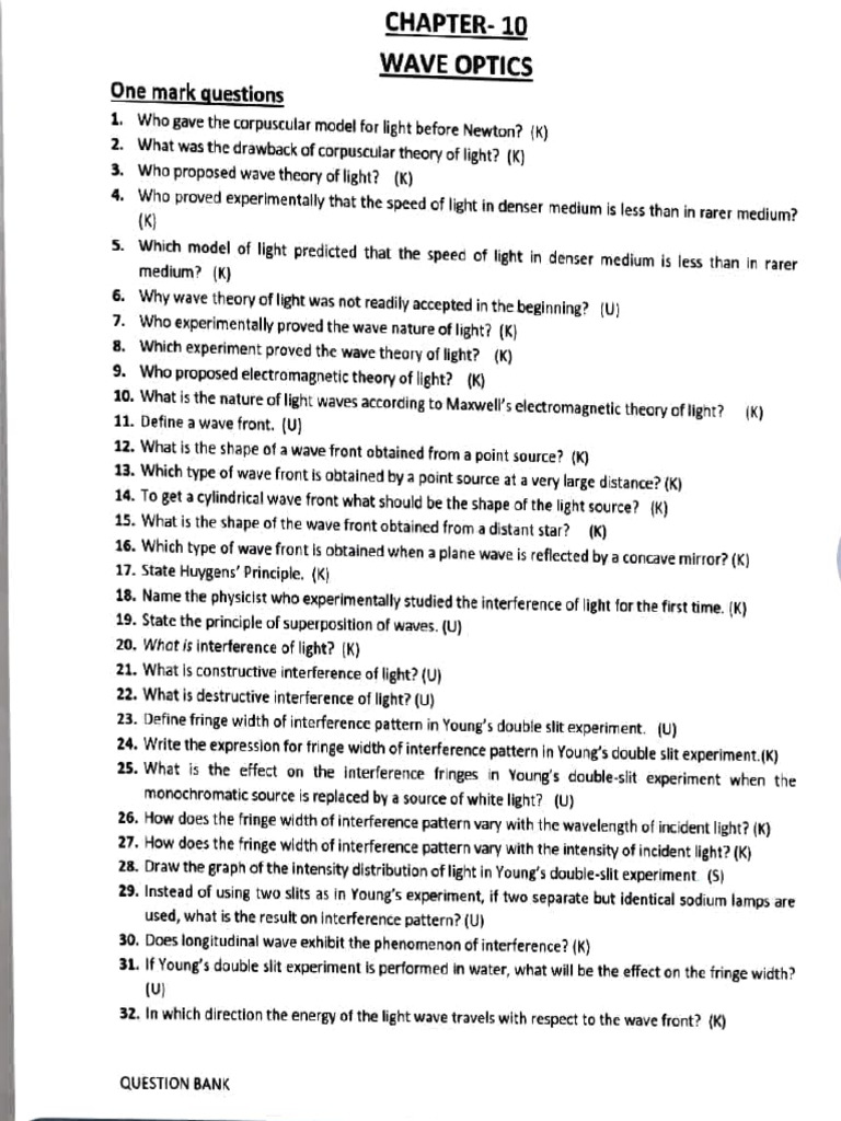 Question Bank Wave Optics PDF Diffraction Light