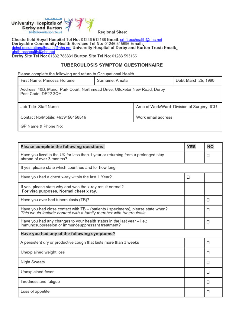 TB Symptom Questionnaire PDF Tuberculosis Clinical Medicine