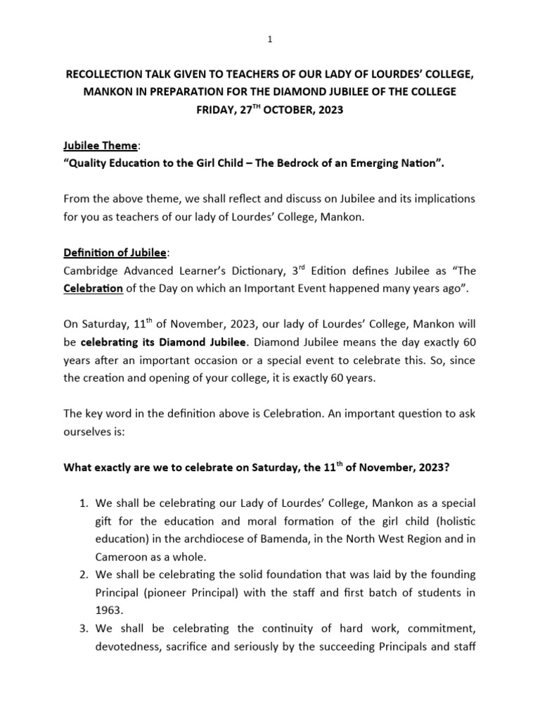 Teachers' Role in Jubilee Celebration | PDF | Gratitude