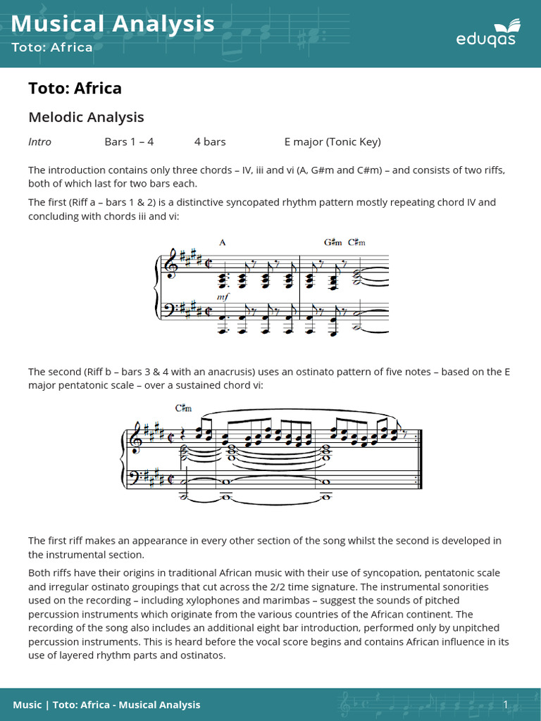 Eduqas Toto Africa Musical Analysis | PDF | Song Structure | Harmony