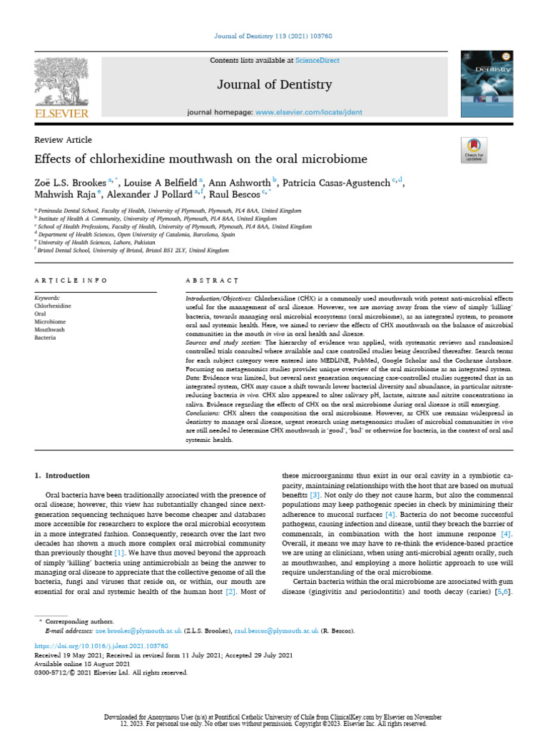 Effects of chlorhexidine mouthwash on the oral microbiome brokees PDF