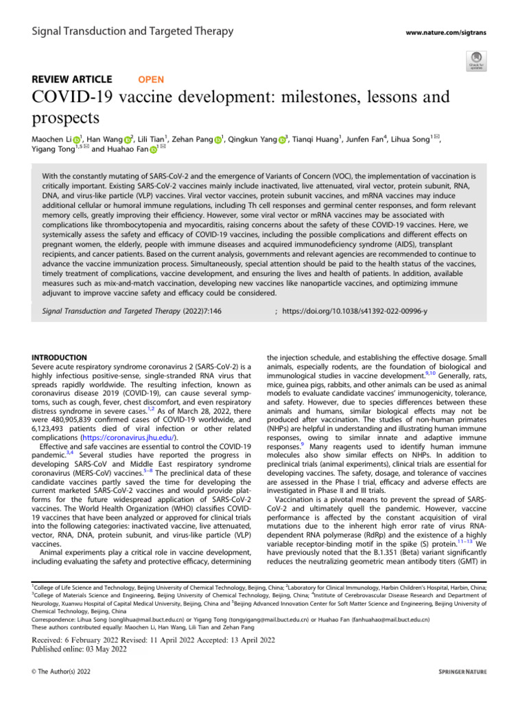 COVID-19 Vaccine Development - Milestones, Lessons and Prospects | PDF ...
