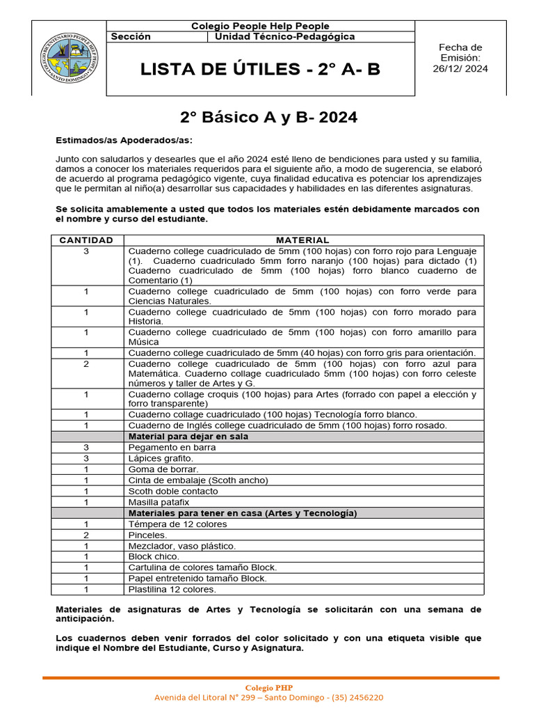 Lista de útiles 2° Básico 2024 | PDF | Lápiz | Materiales de ...