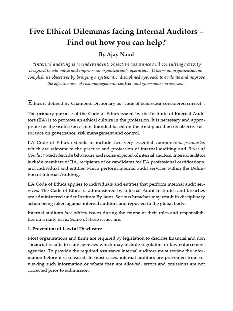 Ethical Dilemmas for Internal Auditors | PDF | Internal Audit | Audit