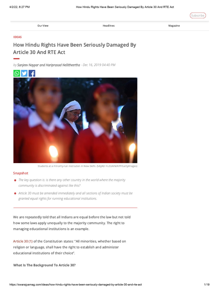 Hindu Rights Impacted by Article 30 & RTE | PDF | Minority Group