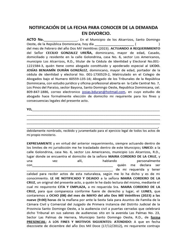 Notificación de Demanda de Divorcio | PDF | Divorcio | República Dominicana