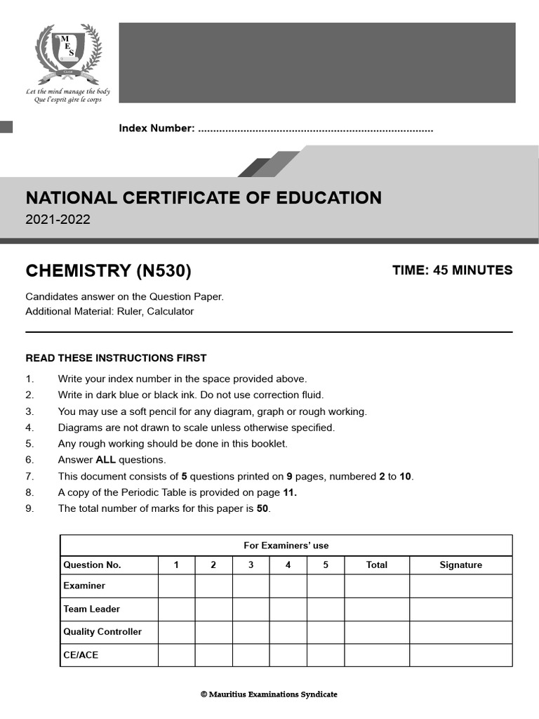 NCE Chemistry Exam Paper 2021-2022 | PDF | Magnesium | Oxide