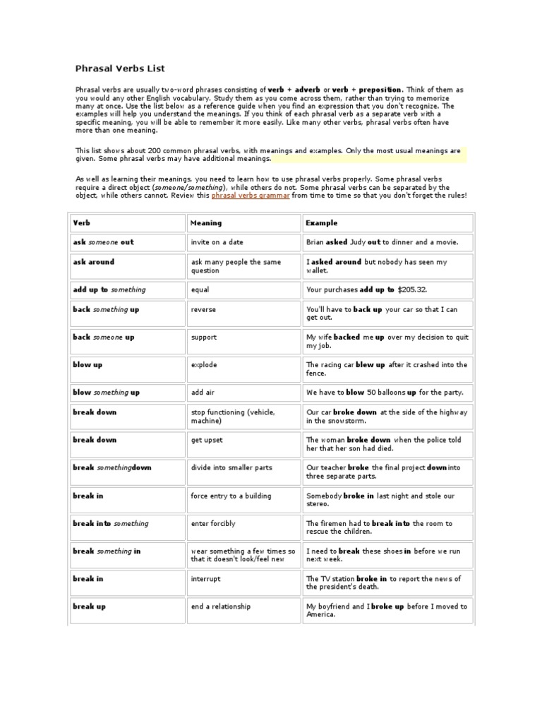 phrasal verbs list phrase object grammar