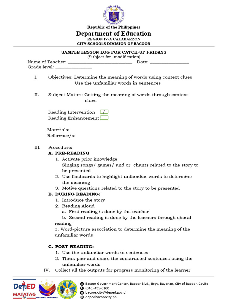 Sample Lesson Plan In Catch Up Friday Philippines