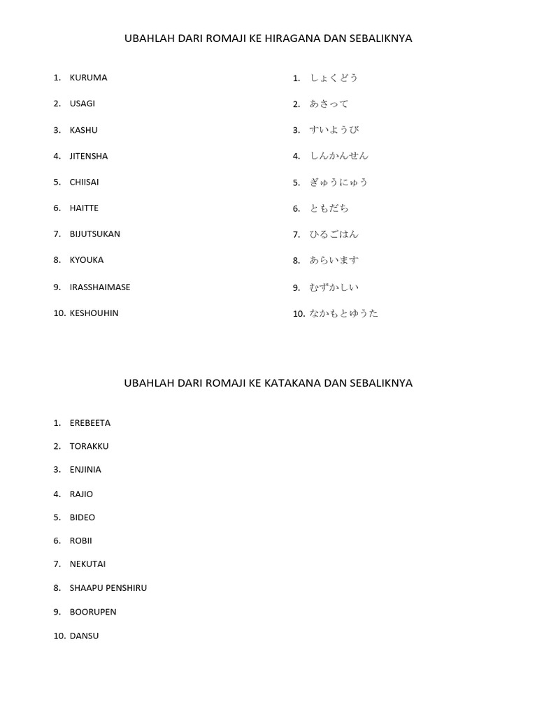 Ubahlah dari romaji ke hiragana dan sebaliknya pdf