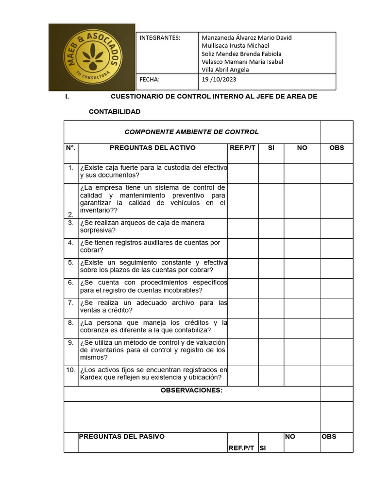 Cuestionario de Control Interno Contable | PDF | Contabilidad ...
