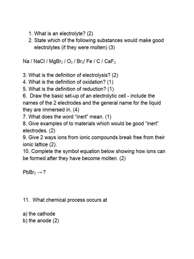Electrolysis Worksheet 3 PDF