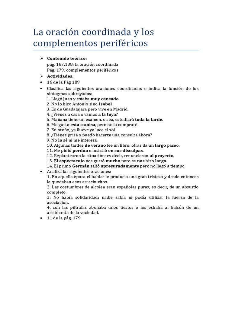 Oraciones Coordinadas y Complementos | PDF | Artes del Lenguaje y ...