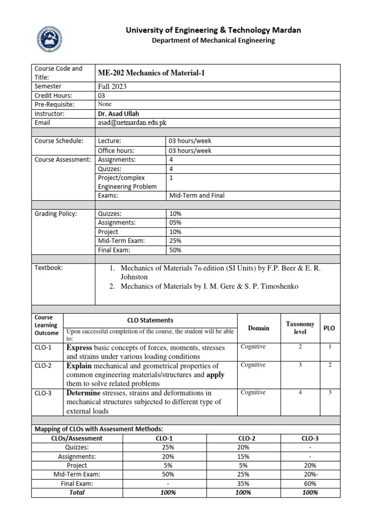 ME-202 - Mechanics of Material-1 Fall2023 | PDF | Bending | Elasticity ...