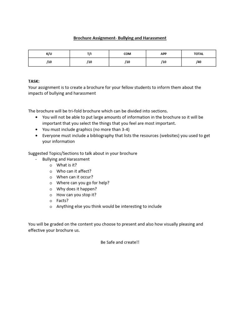 Brochure assignment bullying and harassment k u t i com app total 10