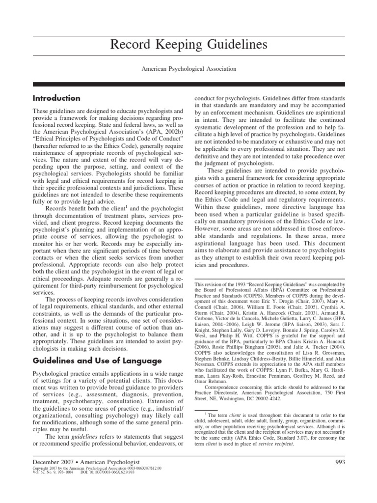 Record Keeping Guidelines PDF American Psychological Association
