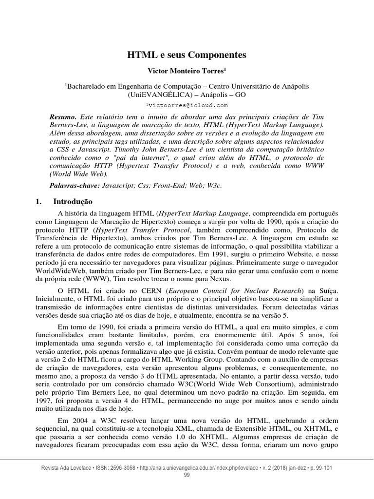 Evolução e Componentes do HTML | PDF | Html | Rede mundial de computadores