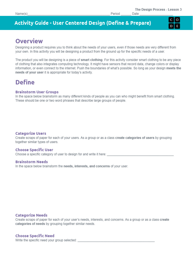 U4L03+ +Activity+Guide+ +User+Centered+Design+ (Define+&+Prepare) | PDF