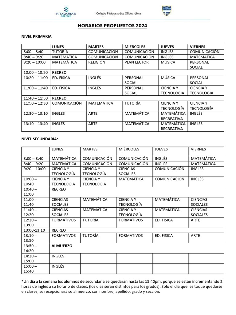 Horarios de Clases 2024: Primaria y Secundaria | PDF | Ciencias sociales