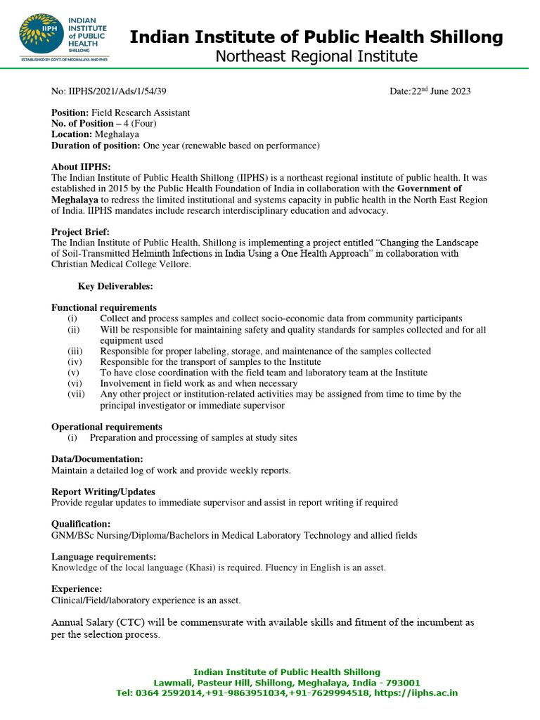 Field Research Assistant Position at IIPHS | PDF | Public Health