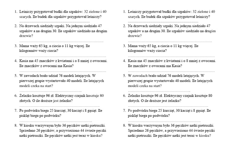Zadania Tekstowe Klasa 2 Do Wydruku Zadania Tekstowe - Liczenie Do 100 | PDF