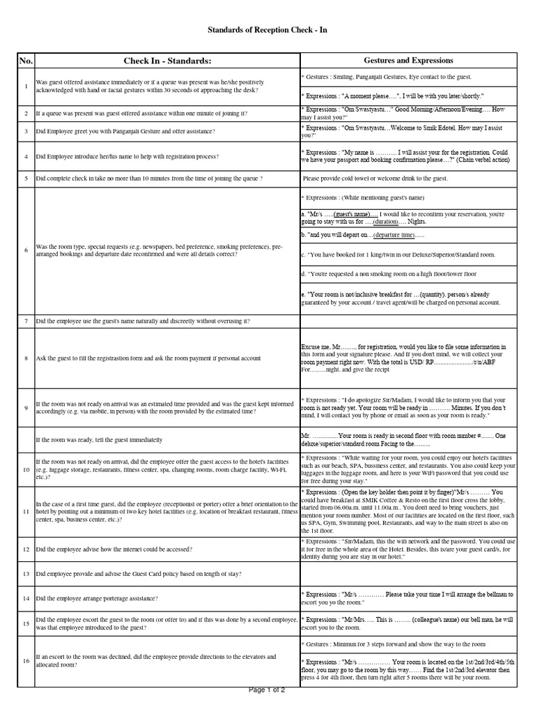 Reception Check-In Standards Guide | PDF