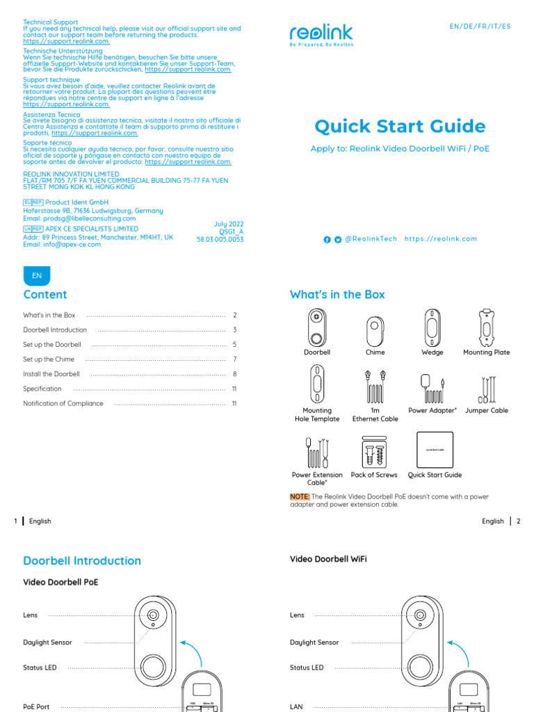 Reolink Video Doorbell WiFi Quick Start Guide August 2022 | PDF ...