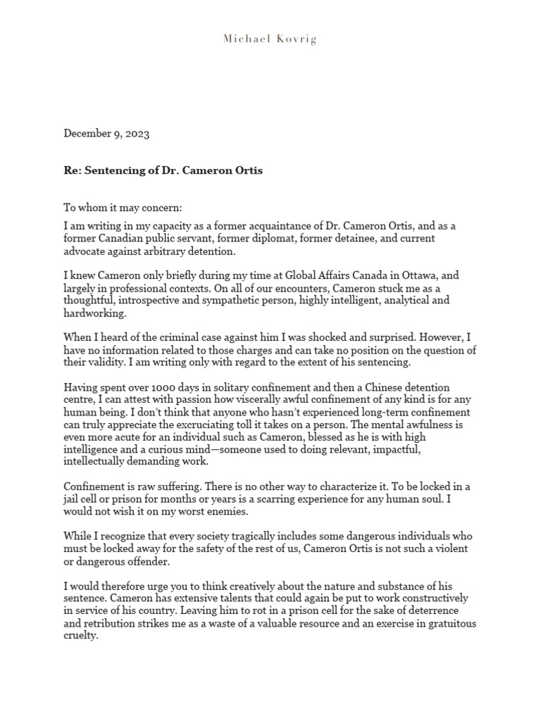 Letter Advocating for Dr. Ortis's Sentence | PDF