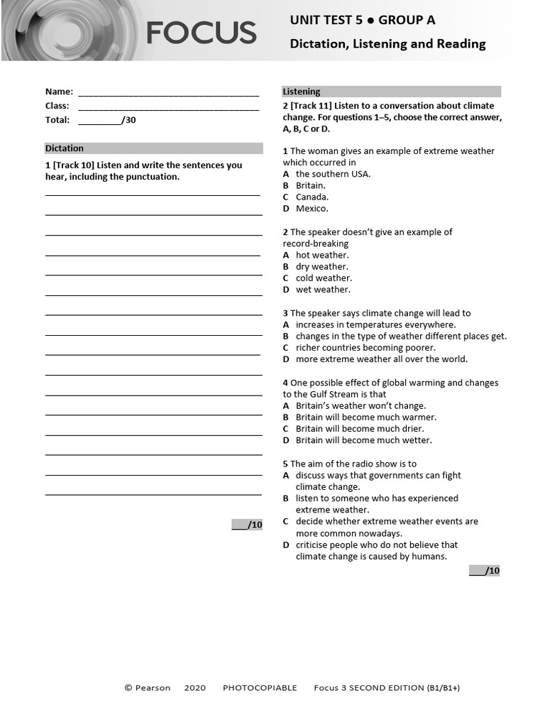 Focus3 2e Unit Test Dictation Listening Reading Unit5 Groupa Pdf