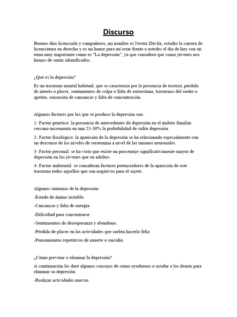 Discurso sobre la Depresión en Jóvenes | PDF