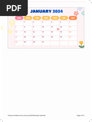 Cream and Blue Cute January 2024 Monthly Calendar