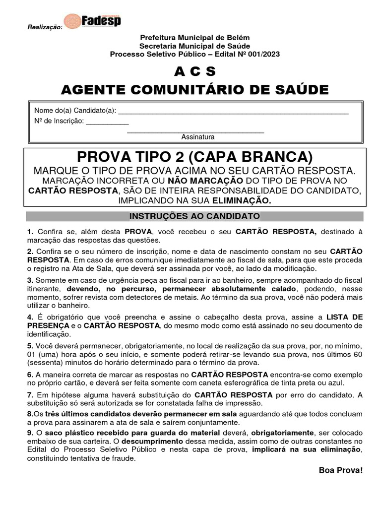 Prova Acs Agente Comunitario de Saude Belem Tipo 2 | PDF | Promoção de ...