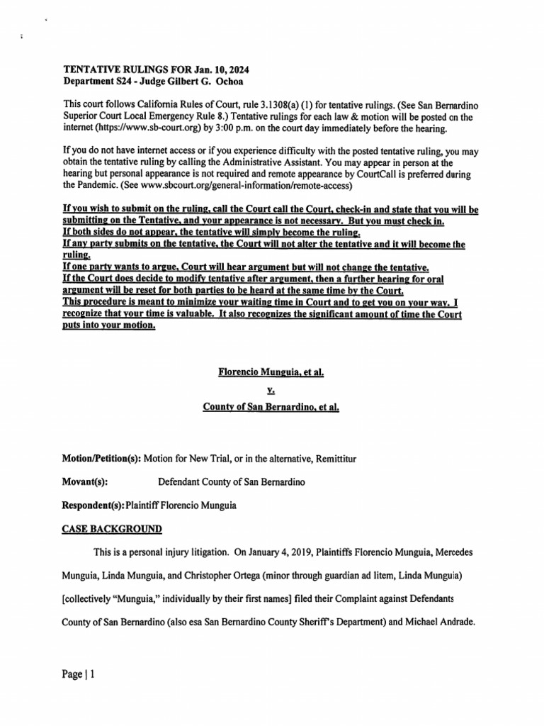 Tentative ruling in Florencio Munguia v. County of San Bernardino | PDF ...