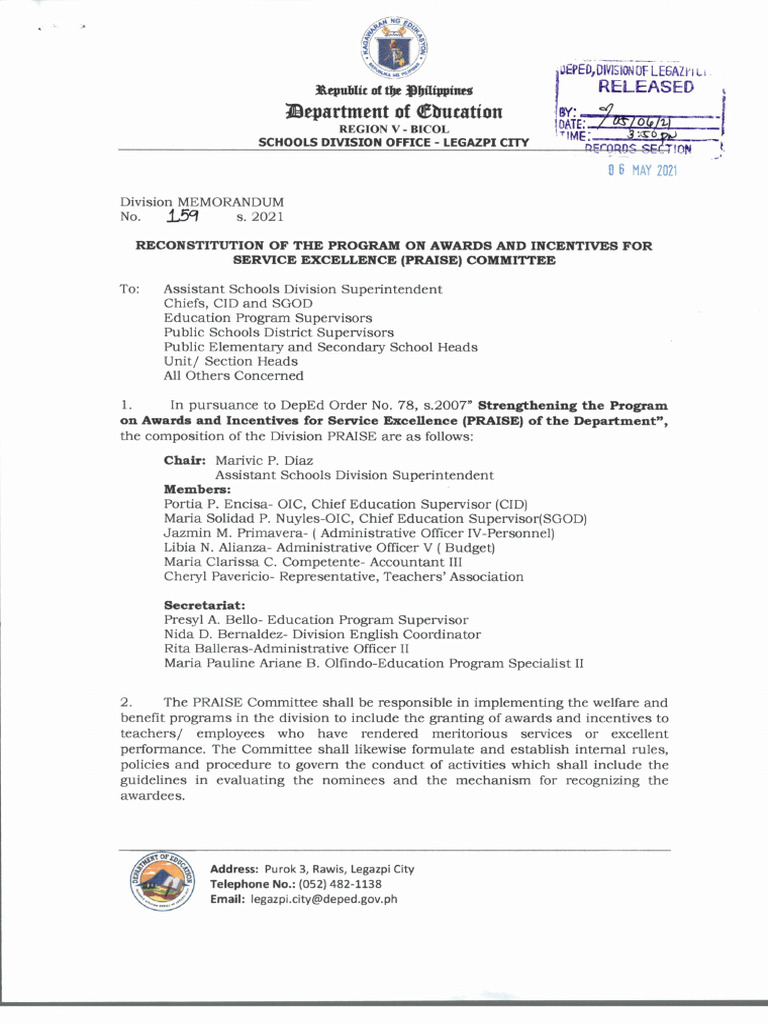 DM No. 159 S. 2020 Reconstitution of The Program On Awards and