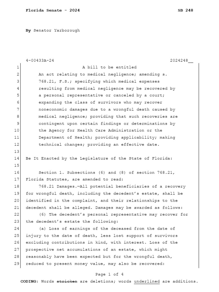 Florida Senate 2024 SB 248 PDF Negligence Wrongful Death Claim