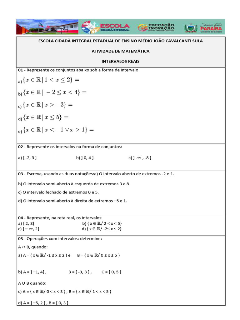 Exercícios Intervalos Reais Pdf