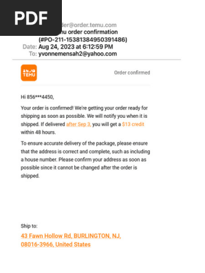 Your Temu Order Confirmation (#PO-211-15381384950391486) | PDF