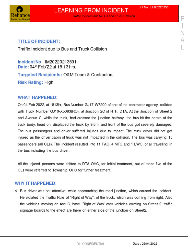 23rd Dec'23 - Traffic Incident Due To Bus and Truck Collision | PDF ...