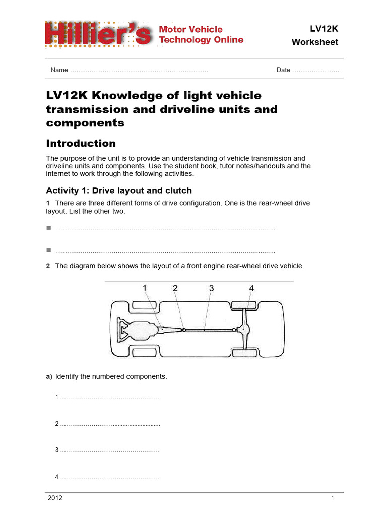 MVT 1019 Launch Worksheet Knowledge of Light Vehicle | PDF | Manual ...