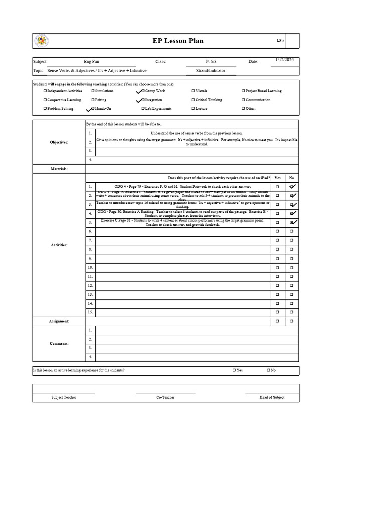 EP Lesson Plan: Sense Verbs & Adjectives | PDF | Lesson Plan | Thought