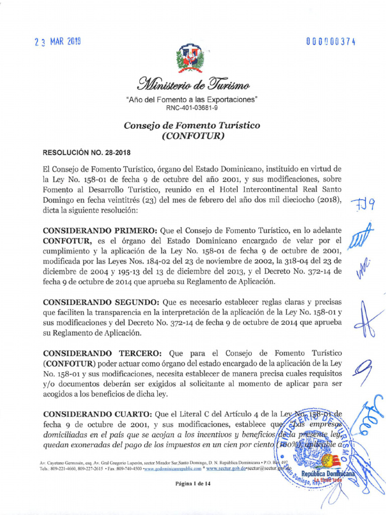 Confotur Resolucion NO. 28-2018 Exoneracion de Materiales Ok | PDF