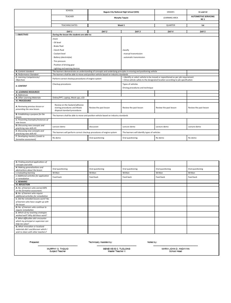 Automotive Servicing Lesson Plan | PDF