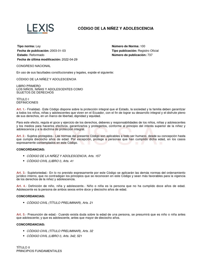Código de la Niñez y Adolescencia Ecuador | PDF
