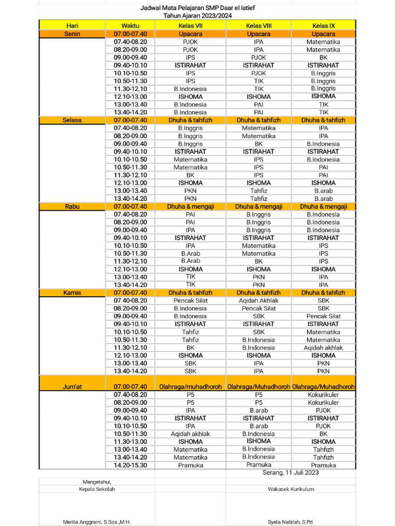 Jadwal Pelajaran T.P. 2023-2024 | PDF