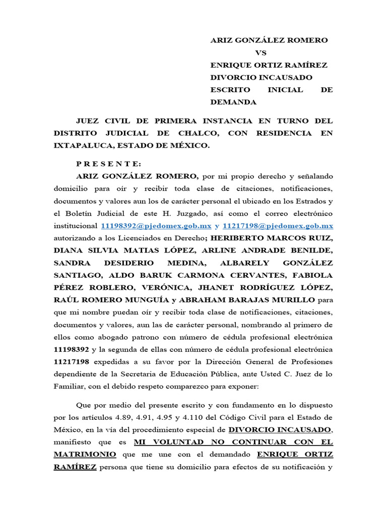 Demanda de Divorcio Incausado en Ixtapaluca | PDF | Divorcio | México