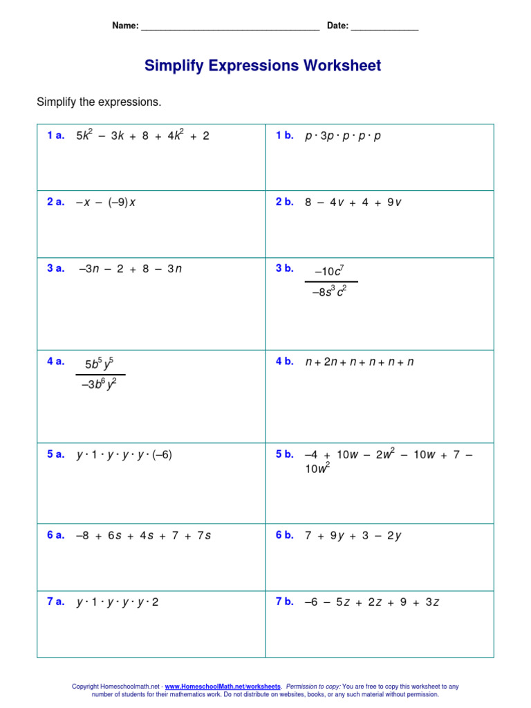 Simplify Expressions Worksheet | PDF