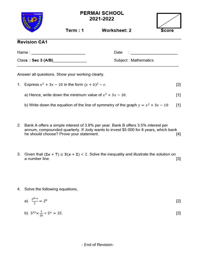 Sec 3 Math Revision Worksheet 2021-22 | PDF