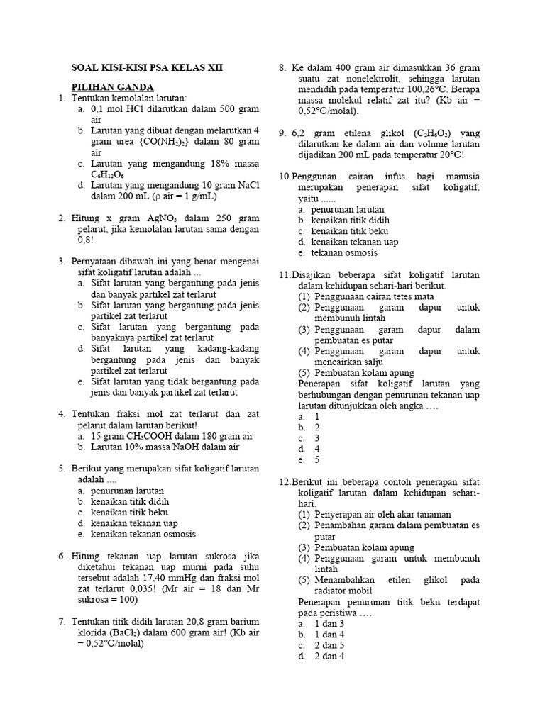 Kisi-Kisi Soal PSA Kelas XII Kimia | PDF